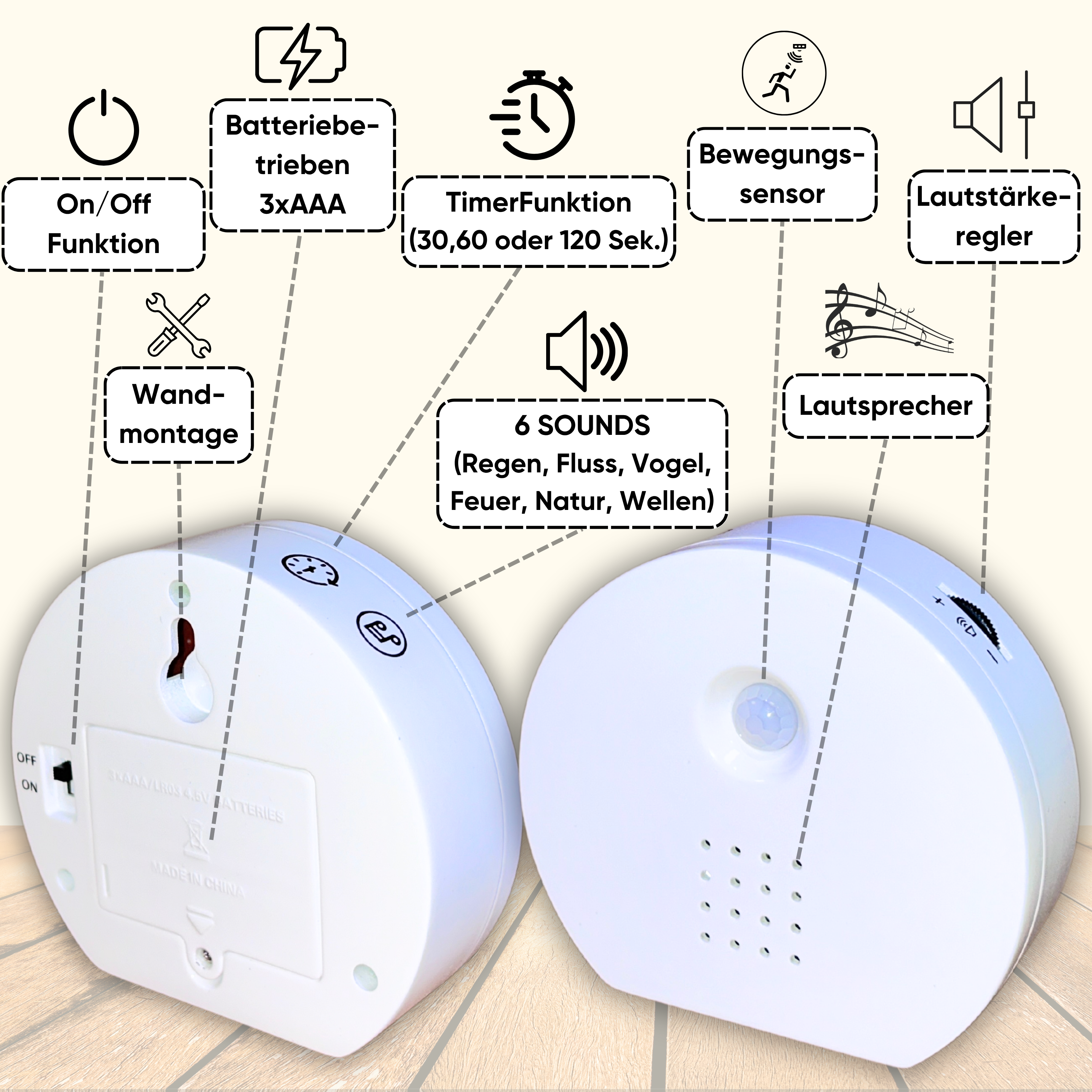 Naturgeräusche-Soundbox mit Bewegungssensor – 6 beruhigende Sounds, Timer & Lautstärkeregler, Zwitscherbox Vogelgezwitscher